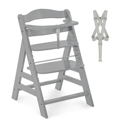 Abbildung von hauck Hochstuhl Alpha+ für Kinder ab 6 Monaten bis 90 kg, inkl. Schutzbügel, 5 Punkt Gurt &amp; Schrittgurt, mitwachsender Kinderhochstuhl aus FSC® zertifiziertem Buchenholz (Grey)