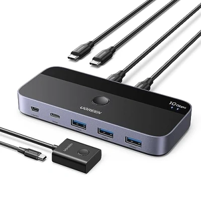 Abbildung von UGREEN USB Switch 2PC 10Gbps 3.2 Switcher 2 In 4 Out C mit Desktop Kontroller Umschalter Aluminiumgehäuse 2USB auf Kabeln für Tastatur, Maus, Drucker, Stick usw.