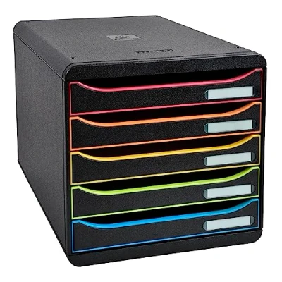 Abbildung von Exacompta 309914D Premium Ablagebox mit 5 Schubladen für DIN A4+ Dokumente. Stapelbare Schubladenbox hoher Kapazität mehr Platz auf dem Schreibtisch Big Box Plus Black Office Schwarz Bunt