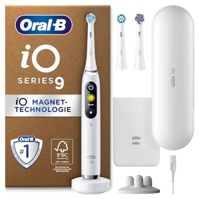 Abbildung von Oral B iO Series 9 PLUS Edition Elektrische Zahnbürste/Electric Toothbrush, 3 Aufsteckbürsten inkl. Whitening, Magnet Etui, 7 Putzmodi, Geschenk Mann/Frau, Designed by Braun, White