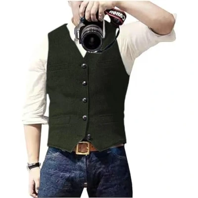 Abbildung von Solovedress Herren Casual Wolle Fischgrätmuster Anzug Weste V Ausschnitt Tweed für Hochzeit Groomsmen(Armeegrün.XL)