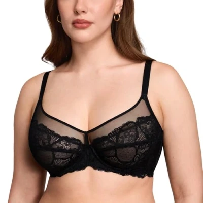 Abbildung von DOBREVA Damen Spitzen Minimizer BH mit Bügel Große Brüste Sexy Vollschalen Ungefüttert Schwarz 85E