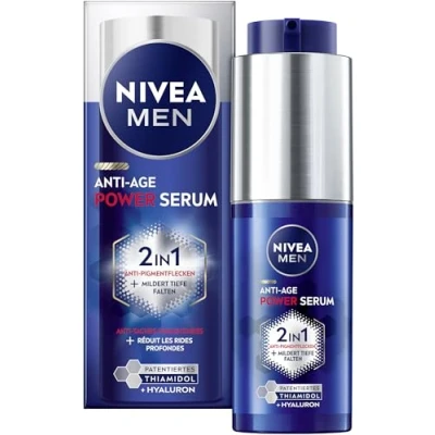 Abbildung von NIVEA MEN Anti Age 2in1 Power Serum, Gesichtspflege für Männer mit Hyaluron Aging Effekt, Hautpflege LUMINOUS630® gegen Alters und Pigmentflecken (30 ml)