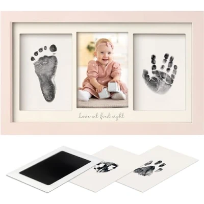 Abbildung von Baby Handabdruck und Fußabdruck Set Clean Touch Stempelkissen Hand Fuß für Neugeborene, Bilderrahmen Fabre, Baby, Dusche Abdruckset (Petal Pink)