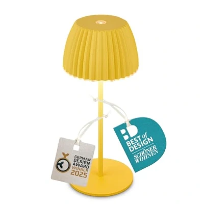 Abbildung von BRILONER Riffle Mini LED Tischlampe kabellos IP44 mit Lichtkante, 8,5 x 20 cm, Touchdimmer, Akku tauschbar, Nachttischlampe, Leselampe, Lampe, German Design Award Winner 2025, Gelb