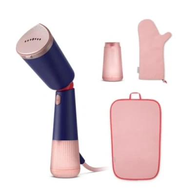 Abbildung von Philips Dampfglätter 5000 Serie 35 Sekunden Aufheizen, kontinuierlicher Dampf, zwei Wassertanks, Eco Modus, verstellbarer Kopf, Metallplatte, Handschuh, Beutel &amp; StyleMat, Marineblau (STH5030/20)