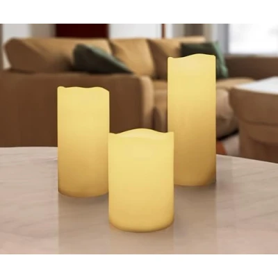 Abbildung von LED Stumpenkerze 3er Set warm weiß mit Timer 20 cm, 15 10 cm Künstliche Kerze Flammeneffekt Garten Deko Beleuchtung flammenlos für Außen und Innen Batterie betrieben