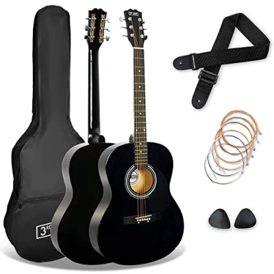 Abbildung von 3rd Avenue 4/4 Westerngitarren Set mit Stahlsaiten, für Anfänger 6 Monate KOSTENLOSER Unterricht, Tasche, Plektren und Ersatzsaiten in Schwarz