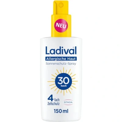 Abbildung von Ladival Sonnenschutz Spray LSF 30 für allergische Haut Sonnencreme bei Sonnenallergie &amp; Mallorca Akne, wasserfest, fettfrei, 4 fach Zellschutz, korallenfreundlich, leichte Gel Formel Haut, 150ml