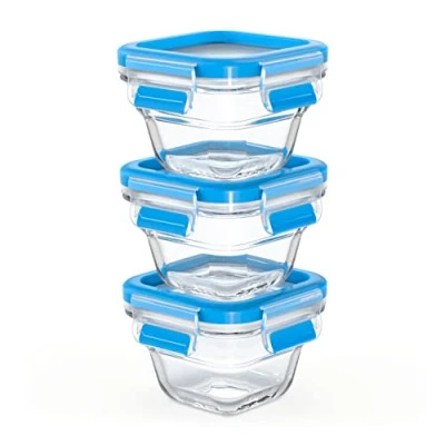Abbildung von Emsa N10507 Clip &amp; Close Glas Frischhaltedosen Set 3 teilig x 0,18 L stapelbar gefrierfest backofenfest mikrowellenfest 100% dicht spülmaschinenfest Transparent/Blau