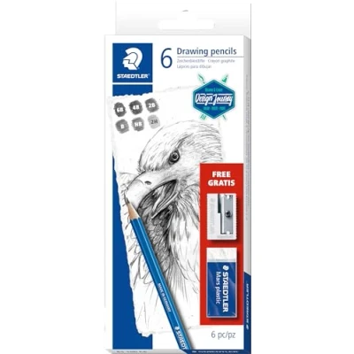 Abbildung von STAEDTLER 61 100 C6 Zeichenbleistift Mars Lumograph (Sechskantform, unglaublich bruchfeste Premium Bleistifte, Made in Germany) Set mit 6 Zeichenbleistiften, 1 Radierer und Metallspitzer