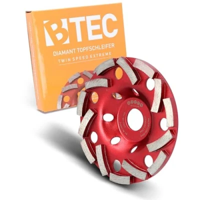 Abbildung von BTEC Twin Speed Extreme Diamant Schleiftopf für Beton, Naturstein, Fliesenkleber, Granit &amp; Mauerwerk, Topfschleifer Ø125mm + Bohrung 22,23mm, Diamantscheibe 125mm doppelreihig mit Spezial Anordnung