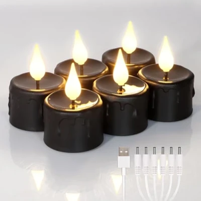 Abbildung von FREEPOWER 6er Schwarze LED Teelichter mit Timer (6 Stunden), Flackern Warmweißes Licht, Elektrische Wiederaufladbare Kerzen USB Kabel, Keine Fernbedienung, Halloween Weihnachten Deko, Ø4 x 5.5cm