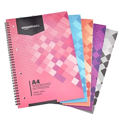 Abbildung von Amazon Basics Spiral Notizblock, in verschiedenen Farben, 70 Blatt/ 140 Seiten, A4, 90GSM, 5 Stück, Weiß