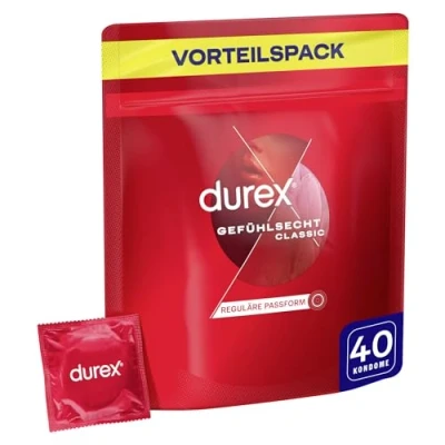 Abbildung von Durex Gefühlsecht Classic Kondome Dünne mit anatomischer Easy On Form &amp; Silikongleitgel befeuchtet 40er Pack (1 x 40 Stück)