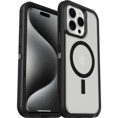 Abbildung von OtterBox Defender XT Hülle für iPhone 15 Pro Max mit MagSafe, stoßfest, Ultra robust, schützende Hülle, 5X getestet nach Militärstandard, Transparent/Schwarz