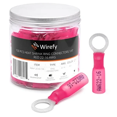 Abbildung von Wirefy Rote Ringkabelschuhe Schrumpfverbinder M6 Lötfreie Kabelschuhe Sortiment Ringkabelschuh Quetschverbinder 0,5 1,5 mm² 150 Stück