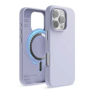 Abbildung von elago Magnetisch Silikon Hülle Kompatibel mit iPhone 16 Pro 6,3 Zoll, Allen MagSafe Zubehör Eingebaute Magnete, Soft Grip Silikon, Stoßfest (Violett)