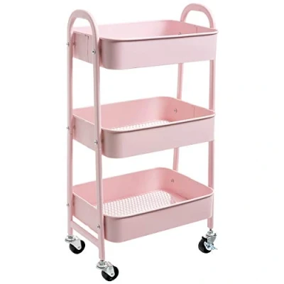 Abbildung von DOEWORKS Rollwagen Metall Aufbewahrungswagen Küchenwagen 3 Etagen, Servierwagen Organizer Wagen mit Rädern für Wohnzimmer Schlafzimmer Make up Badezimmer Büro, Rosa