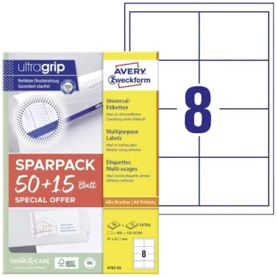 Abbildung von AVERY Zweckform 4782 65 Universal Etiketten (400 plus 120 Klebeetiketten extra, 97x67,7mm auf A4, bedruckbare Versandetiketten, selbstklebende Versandaufkleber mit ultragrip) Blatt, weiß
