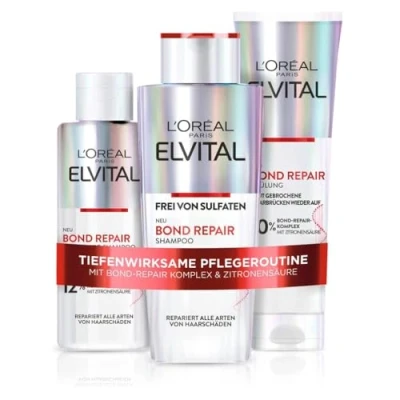 Abbildung von L&#039;Oréal Paris Elvital Bond Repair Pflegeset zur Haarreparatur mit Pre Shampoo, Shampoo &amp; Spülung, Bundle, Schutz für weniger Haarbruch mehr Glanz, Komplex Zitronensäure, 3 teilig
