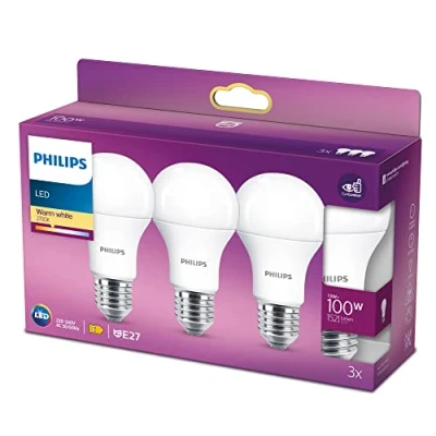 Abbildung von Philips LED Classic E27 Lampen 3 er Pack (100 W), matte mit warmweißem Licht, energiesparende langer Nutzlebensdauer
