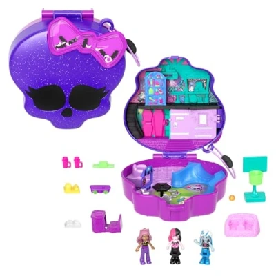 Abbildung von Polly Pocket Monster High Spielset mit 3 kleinen Puppen und 10 Zubehörteilen, Schulwelt im Inneren, tragbares Reisespielzeug Aufbewahrungsmöglichkeit, HVV58