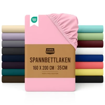 Abbildung von Utopia Bedding Spannbettlaken 160x200cm Rosa Gebürstete Polyester Mikrofaser Spannbetttuch 35 cm Tiefe Tasche