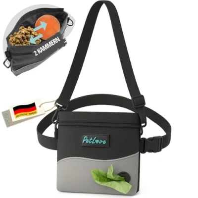 Abbildung von PetLove Leckerlibeutel für Hunde Futterbeutel mit Magnetverschluss Inklusive Kotbeutelspender &amp; verwendbar als Bauchtasche Grau