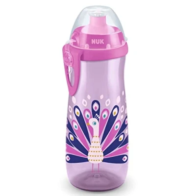 Abbildung von NUK Sports Cup Kinder Trinkflasche mit Chamäleon Effekt 24+ Monate Farbwechsel auslaufsichere Push Pull Trinktülle Clip &amp; Schutzkappe BPA frei 450 ml Pfau (lila)