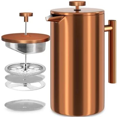 Abbildung von KICHLY French Press Kaffeebereiter 34 Oz 1000 ml (4 Kaffeebecher / 8 Kaffeetassen) Kaffeemaschine mit dreifachem Edelstahlfilter &amp; isolierten Wänden Bronze