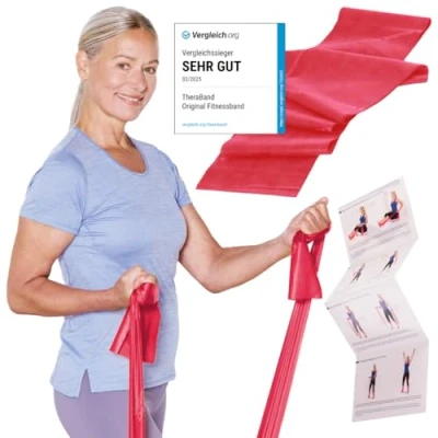Abbildung von TheraBand 2,50m im PE Beutel mit Anleitung Fitnessband Gymnastikband Stretchband für Ganzkörpertraining Widerstandsband Training Bands Zuhause 100% Naturlatex (Rot)