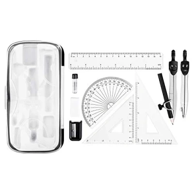 Abbildung von Amazon Basics 10 teiliges Mathematik Set, mit Zirkel, Bleistift, Radiergummi, Spitzer, Winkelmesser, Geodreiecken, Lineal und Aufbewahrungsetui