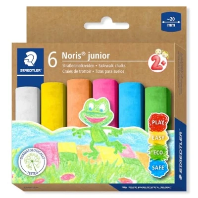 Abbildung von STAEDTLER Noris junior Straßenmalkreiden im Maxi Format, Anwendung Freien, speziell für das Malen auf Asphalt und ähnlichen Untergründen, 6 farblich sortierte Kreiden in der Faltschachtel, 2365 C6