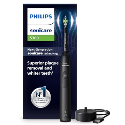 Abbildung von Philips Sonicare 5300 elektrische Zahnbürste, Schallzahnbürste mit 2 Intensitätsstufen, Andruckkontrolle, EasyStart, Smartimer und BrushPacer, Schwarz, Modell HX7101/01