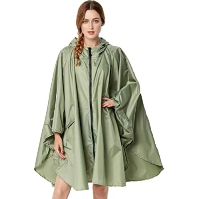 Abbildung von Damen Regenponcho Regenmantel Unisex Regenjacke Wasserdicht Regencape Wiederverwendbar mit Kapuze Grün