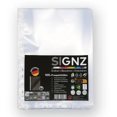 Abbildung von SIGNZ Prospekthüllen (DIN A4, starke 80 my), 100 Stück, glasklar, CO2 neutral hergestellt, made in Germany