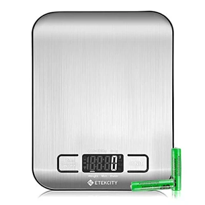 Abbildung von ETEKCITY Küchenwaage, digital 5KG mit großem LCD Display,Digitalwaage, Briefwaage Großer Edelstahl Wiegefläche, Flüssigkeitsmessung, hohe Präzision auf bis zu 1g, Tara Funktion, Silber