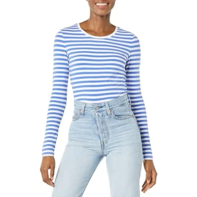 Abbildung von Amazon Essentials Damen Regular Fit Langarm T Shirt Rundhalsausschnitt (In Übergröße Erhältlich), Blau Weiß Streifen, XS