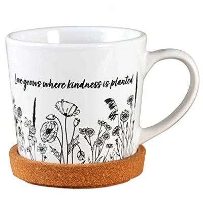 Abbildung von Papierdrachen Hochwertige Tasse aus Keramik mit passendem Kork Untersetzer Tischdeko Kaffeetisch Kaffeetasse Love grows where kindness is planted für Kaffee, Tee und mehr