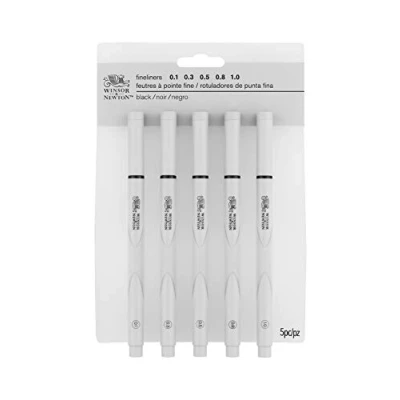 Abbildung von Winsor &amp; Newton 0290068 Fineliner Set, 5 Pigment Liner für exakte Linien und Outlines, hohe Qualität, Pigmenttinte, dokumentenecht, lichtbeständig Linenbreite, 0,1 mm, 0,3 0,5 0,8 1,0 mm