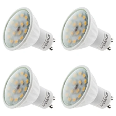 Abbildung von SEBSON LED Lampe GU10 warmweiß 5W 4er Set ersetzt 35W Halogen, 380 Lumen, Strahler 230V, Leuchtmittel 110, ø50 x 58mm Deckenstrahler