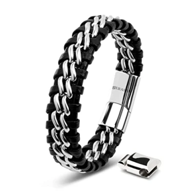 Abbildung von SERASAR Herren Armband 20cm Silber Männer Leder Armreif Lederband Herrenarmreif Armschmuck Schmuck Herrenschmuck Armkette Flecht Wickelarmband Armbändchen Bracelet