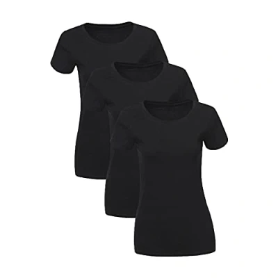 Abbildung von Liking Damen T Shirt Baumwolle Kurzarm Basic Sommer Rundhals Shirts Oberteile Top Bluse 3er Pack Tshirt Schwarz BL L