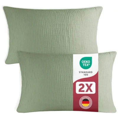 Abbildung von Blumtal Musselin Kissenbezug 40x80 cm 2er Set OEKO TEX zert. Kopfkissen Bezug 100% Baumwolle weiches Kissen waschbar bei 40 C atmungsaktive Sommer Kopfkissenbezüge Sommergrün