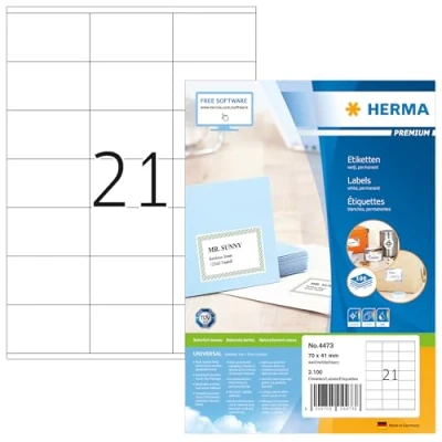 Abbildung von HERMA 4473 Adressetiketten, 100 Blatt, 70 x 41 mm, 21 pro A4 Bogen, 2100 Stück, selbstklebend, bedruckbar, matt, blanko Papier Adressaufkleber Etiketten, weiß