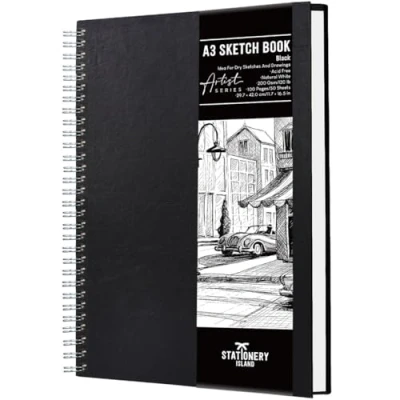 Abbildung von STATIONERY ISLAND A3 Skizzenbuch, 200 g/m² Dickes Papier, Spiralgebundener Zeichenbuch Hardcover, Skizzenblock zum Skizzieren, Illustration, Porträt, 50 Blatt/100 Seiten