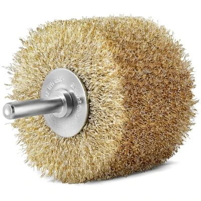 Abbildung von S&amp;R Stahldraht Rundbürste Messing 80 mm x 35 mm, Holzstruktur Bürste vermessingt, 0,25 gewellt, Rundschaft 8 Drahtbürste für Holz, Metall, Edelstahl, Kunststoffe