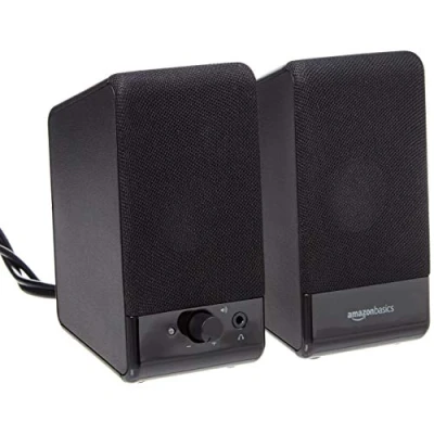 Abbildung von Amazon Basics Computer Lautsprecher für Schreibtisch PC oder Laptop , USB Betrieb, Schwarz, 7,1 x 8,1 13,4 cm