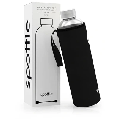 Abbildung von spottle Trinkflasche aus Glas 1l Glasflasche 500ml 750ml 1 liter mit Neoprenhülle Schutzhülle Glastrinkflasche Schraubverschluss (Schwarz, 1000 ml)